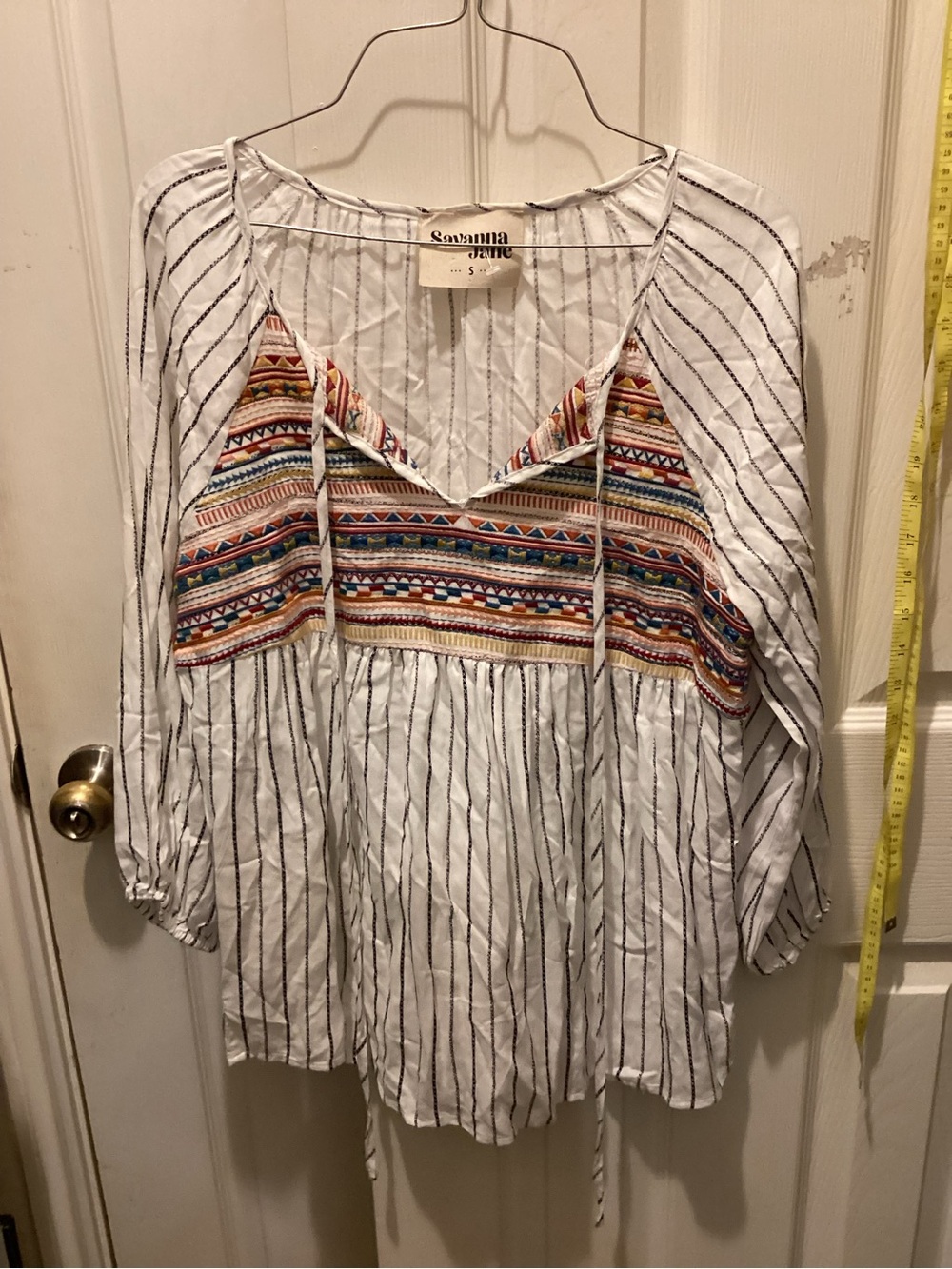 Savanna Jane White Striped Tunic with Multicolor Embroidered Yoke